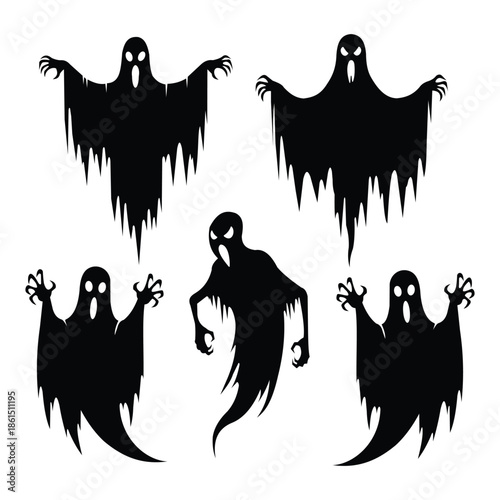A collection of five spooky black ghost silhouettes for Halloween decoration