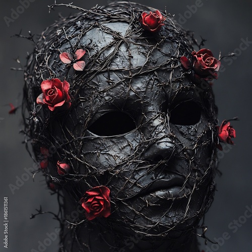 Conceptual mask made of woven barbed wire and red roses representing the duality of pain and beauty