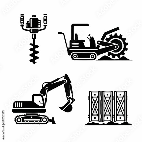 Set of construction and industrial equipment icons.