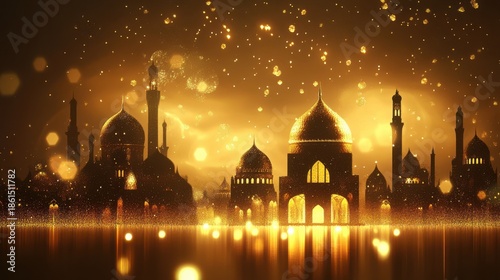 Golden cityscape with illuminated mosques and domes at night