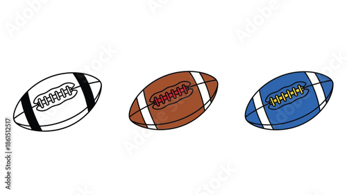 Three colorful american footballs arranged in a row on a white background