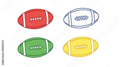 Four colorful american footballs in red blue green and yellow hues