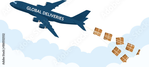 An airplane delivering packages through the sky representing global shipping services