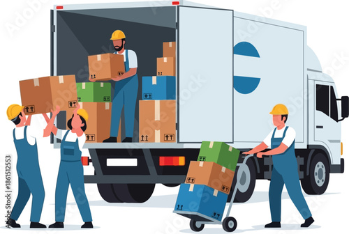 Movers unloading cardboard boxes from a white van during a relocation