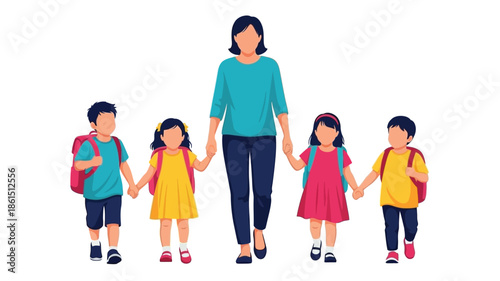 A mother walking with her four children all holding hands together