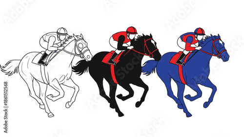 Three horse racers in different colors galloping forward a dynamic illustration