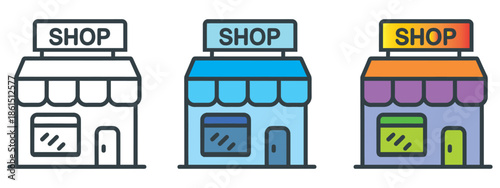 Minimalist outline icon of a small shop with an awning and a shop sign