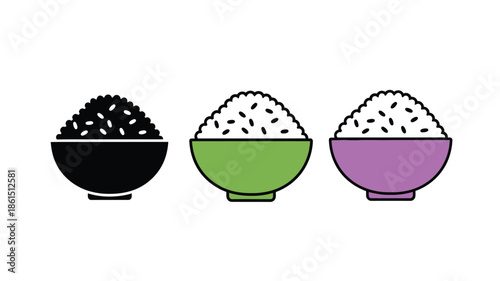 Three colorful bowls filled with grains a simple illustration style
