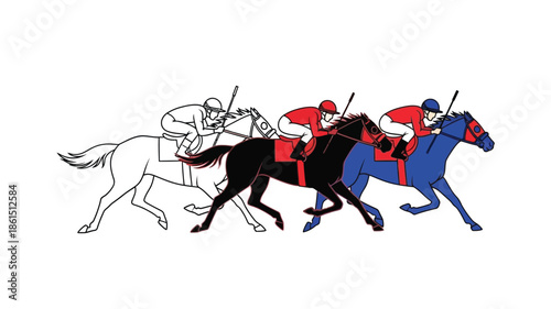 A vibrant illustration depicting a horse race with jockeys and colorful horses