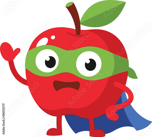 A cartoon apple superhero waves with a cape and mask on