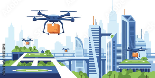 Drone delivery service navigating a futuristic cityscape with modern skyscrapers