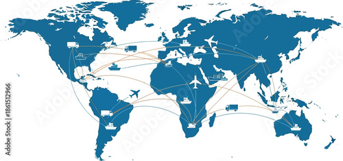 Global logistics network visualized world map with transportation icons and connections