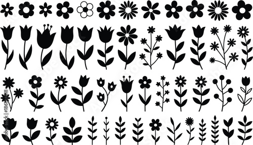 Black silhouette flower and plant illustrations in varied styles ideal for botanical design, decorative patterns, and artistic reference visuals.
