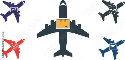 Various airplane icons with unique designs and package delivery symbols illustrated