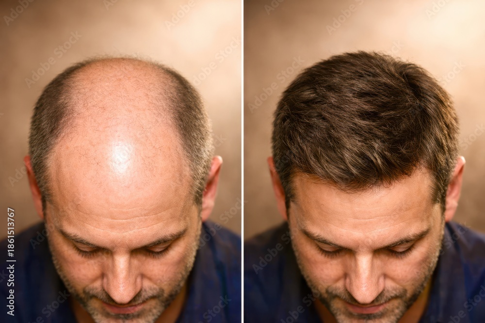 Obraz premium The man in the blue shirt has a bald head