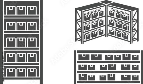 Black and white illustration of various shelving unit designs and configurations
