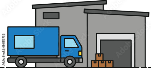 Simple illustration of a delivery truck unloading boxes at a building