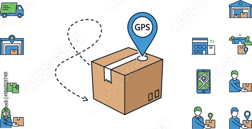 Logistics network illustrating package tracking delivery and warehouse operations