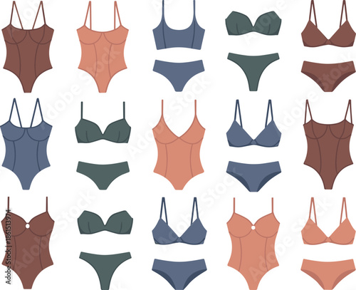 Flat cartoon-style women’s lingerie sets in assorted colors including bras, panties, and bodysuits ideal for fashion design, retail, and catalog visuals.