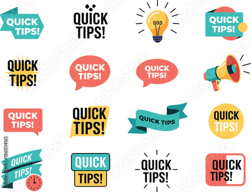 Quick tips badge and label illustration set featuring colorful icons, speech bubbles, ribbons, and megaphones, perfect for tutorials, infographics, presentations, blogs, social media