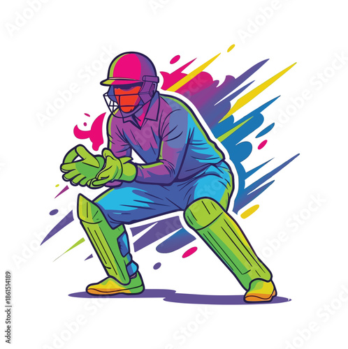 Vector illustration of a cricket wicketkeeper in catching position. Dynamic action pose with colorful motion strokes in a modern sports style.