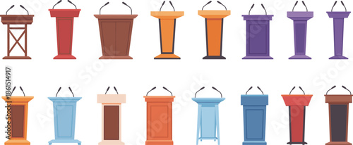 Cartoon-style podium illustrations with microphones in various colors and shapes ideal for public speaking, debate visuals, and presentation design.