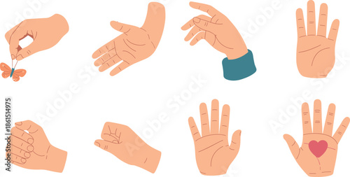 Cartoon-style illustrated hand gestures in various expressive poses ideal for communication design, educational visuals, and artistic reference material.