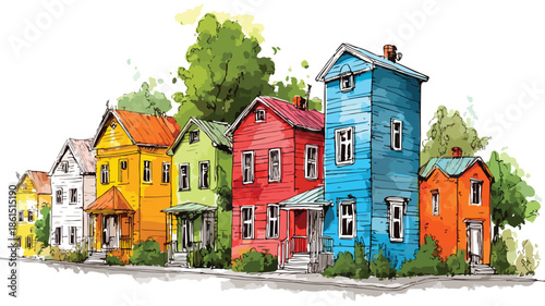 Vibrant Painting of Colorful Houses in Suburban Neighborhood