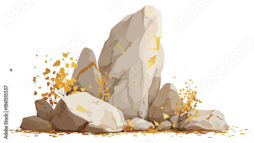 Golden Leaf on Rock Wall Vector Illustration with Outline Isolated