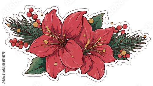Festive Christmas Flower Sticker Vector Illustration for Holiday Greetings and Decor