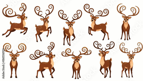A set of eight brown reindeer illustrations with decorated antlers, standing or jumping in various poses against a white background.
