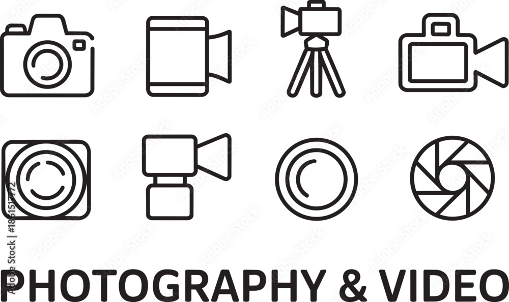 Αυτοκόλλητο Photography and video icons set with camera lens tripod camcorder film strip and
