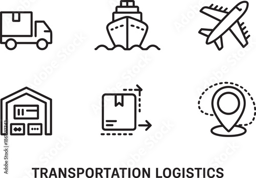 Logistics and transportation icons showing cargo truck vessel aircraft detailed storage box delivery movement pin map