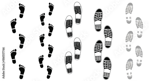 Footprint and shoeprint isolated on human footstep and shoe print set barefoot steps and sneakers track vector illustration
