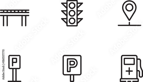 Road infrastructure icons set including bridge traffic light parking sign location pin gas station