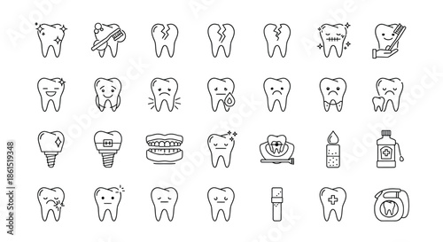 Collection of various dental health icons isolated on, illustrating different aspects of oral care and dental conditions