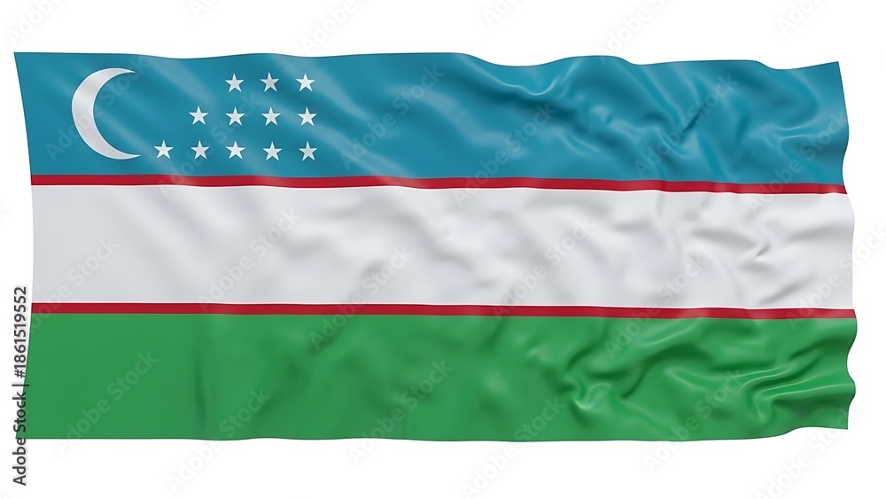 Fototapeta premium The national flag of Uzbekistan waving in the wind with a crescent moon and stars on a blue background