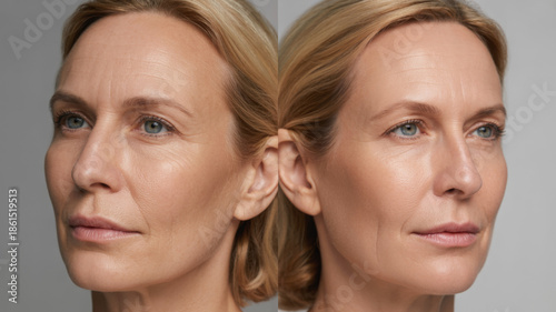 Before After anti aging face photo skin spa treatment older woman 40s 50s menopause wrinkles fine line saggy jowls afterwards smooth glowing younger firm microneedling rf therapy LED laser treatment 
