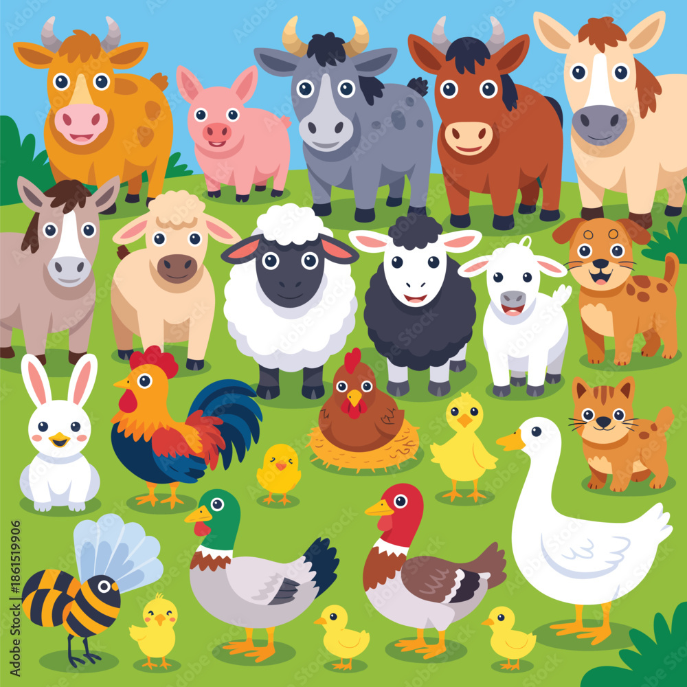 Fototapeta premium Colorful Farm Animals Standing on Green Grass Field