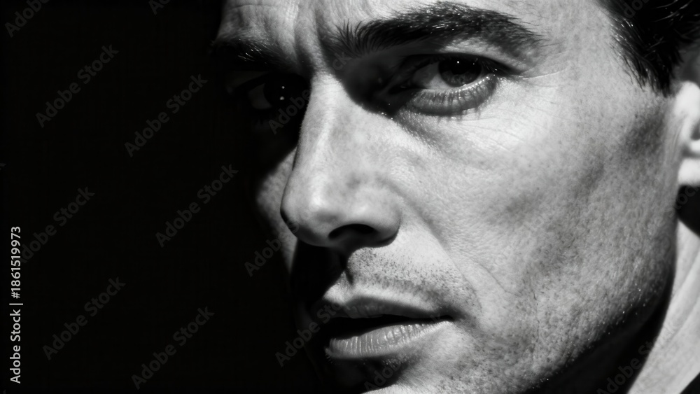 Obraz premium Dramatic close up of an adult male face featuring intense directional lighting and high contrast monochrome tones.