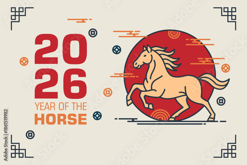 Vibrant Chinese New Year 2026 Horse Zodiac Symbol Vector Illustration. suitable for Lunar New Year themes, cultural celebrations, posters, and festive branding.