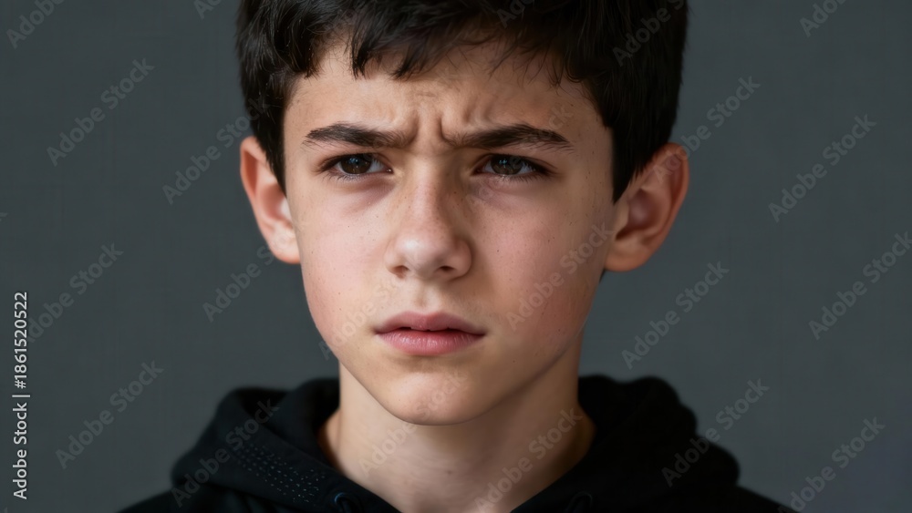 Obraz premium Dark-haired young boy wearing a black hoodie displays frustrated or skeptical emotion with deeply furrowed eyebrows against a gray background.