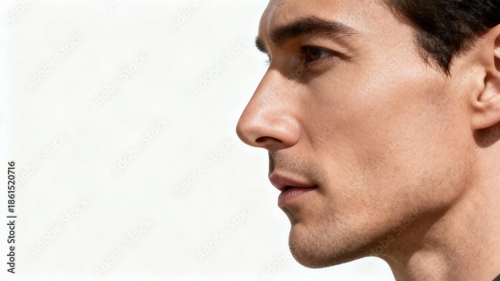 Fototapeta premium Headshot showing the strong facial profile of a serious young adult man with dark hair against a bright white background.