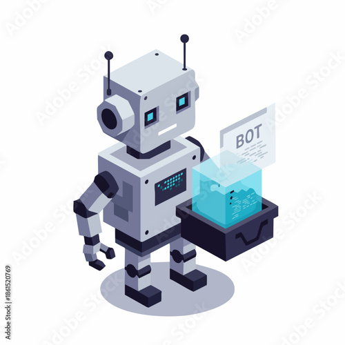 Isometric Modern Design Robot Holding Digital Cube Artificial Intelligence Concept
