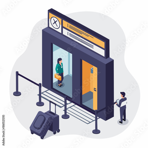 Isometric Illustration Elevator Lift with Person Waiting and Luggage Baggage