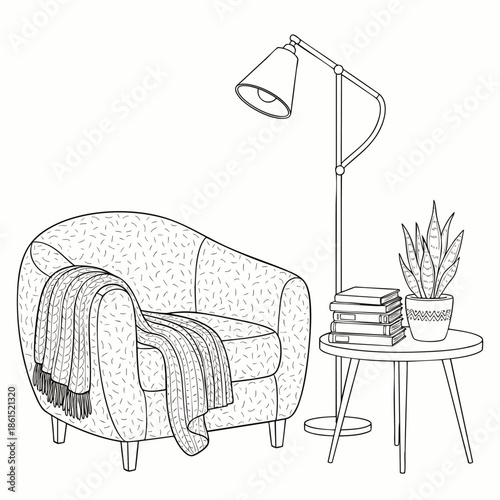 Cozy reading nook illustration with comfortable armchair, blanket, books, plant, and floor lamp. Relaxing home interior design line art.