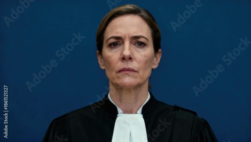 Mature female advocate wearing traditional black judicial robes and a serious expression against a vibrant blue wall.