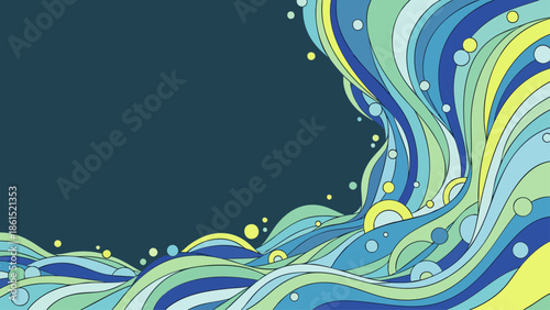 Dynamic abstract flowing waves background in cool blue, green, and yellow tones with playful bubbles, a vibrant graphic design element for modern digital projects.