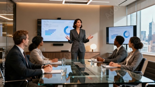 Businesswoman in gray suit presenting data analysis charts on a monitor to four colleagues during a corporate boardroom meeting.