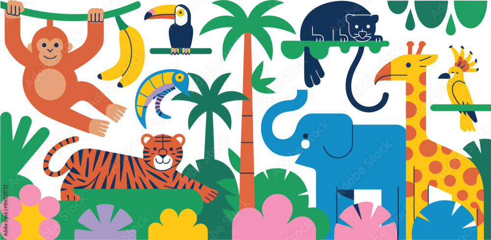 Fototapeta premium Colorful Jungle Animals Illustration